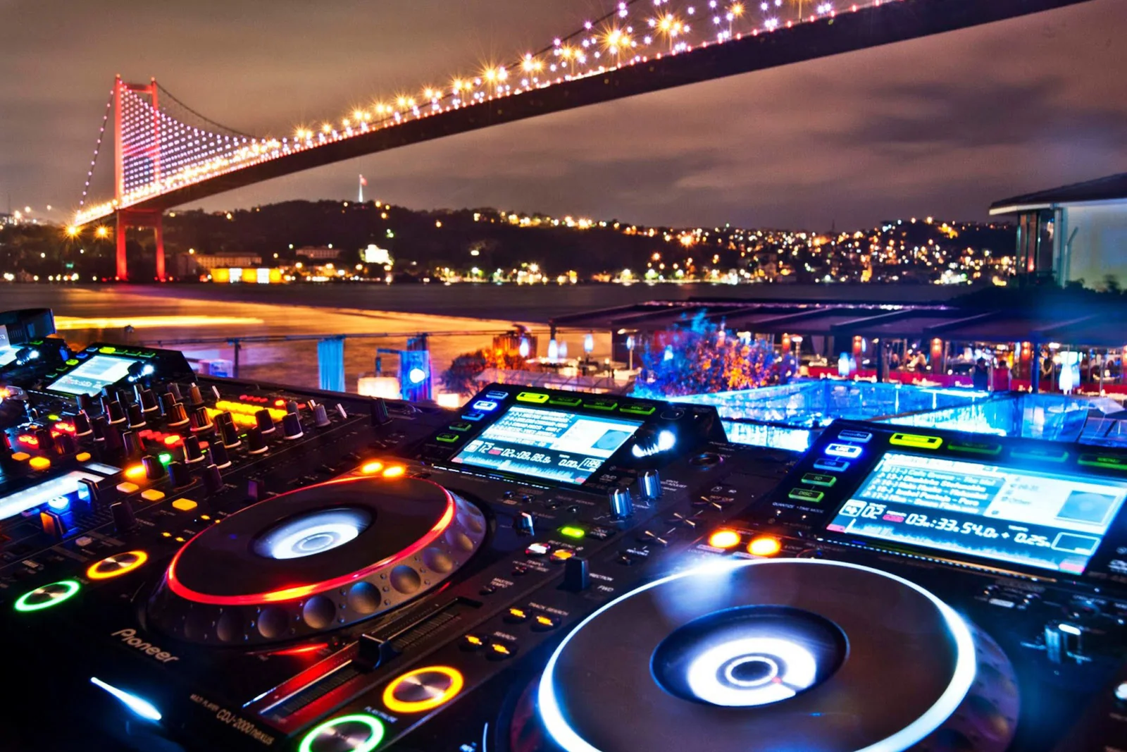 Music equipment and an illuminated bridge at night